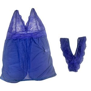 Women Lingerie Lace Babydoll Strap Chemise Halter‎ Teddy V Neck Blue